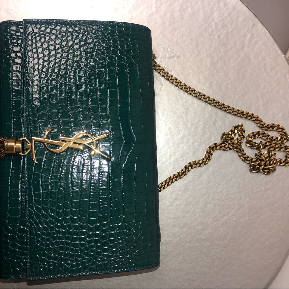 Yves Saint Laurent Dark Green Crocodile Embossed Clutch